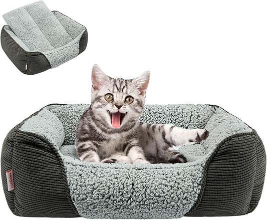 Miguel Washable Cat Beds for Indoor Cats with Removable Cushion, Easy to Wash Small Pet Sofa Bed with Side, Rectangle Bolster Kitten Bed Calming Cuddle Puppy Bed with Anti-Slip Bottom, Gray 18 Inch - PAWPICO
