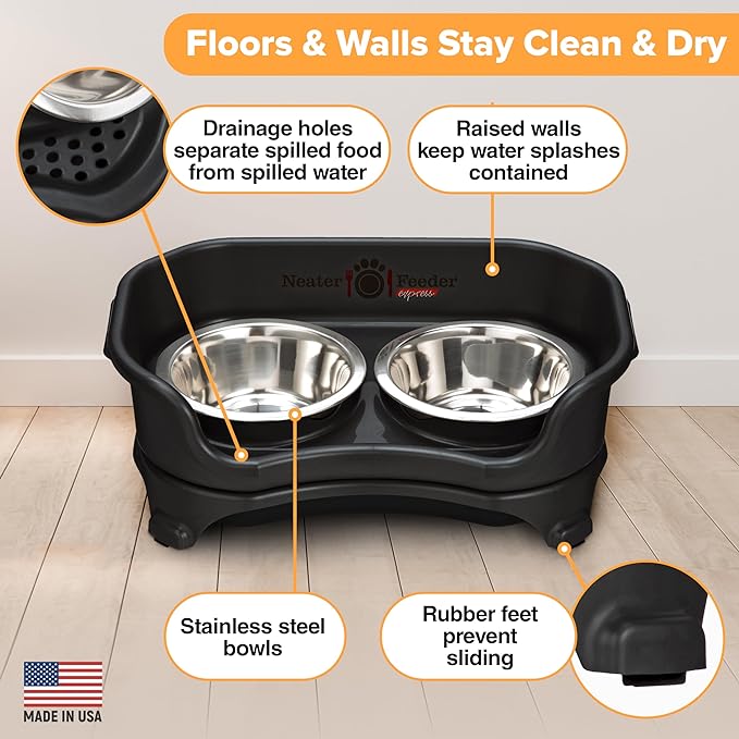 Neater Feeder - Express Model - Mess-Proof Cat Bowls (Cat, Black) – Made in USA – Elevated, No Spill, Non-Tip, Non-Slip, Raised Stainless Steel Food & Water Pet Bowls - PAWPICO