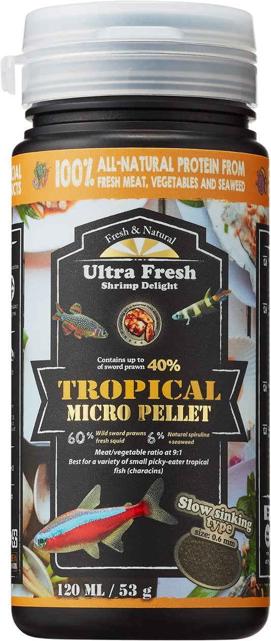 Ultra Fresh Tetra Fish Food, Slow Sinking, All Natural Ingredients, Wild Sword Prawns, Spirulina, Color Enhancement, Small Granules , Tropical Micro Pellet 1.87 oz UltraFresh-ShrimpDelight
