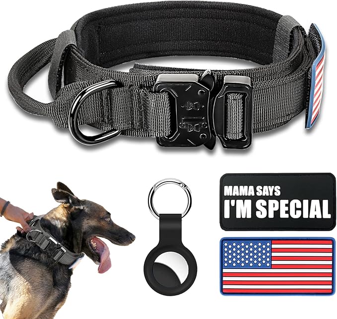 Tactical Dog Collar Military Dog Collar Adjustable Nylon Dog Collar Heavy Duty Metal Buckle with Handle for Dog Training,with Patches (M, Black) Celifelight