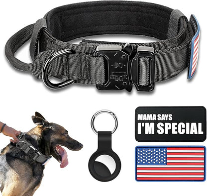 Tactical Dog Collar Military Dog Collar Adjustable Nylon Dog Collar Heavy Duty Metal Buckle with Handle for Dog Training,with Patches (M, Black) Celifelight