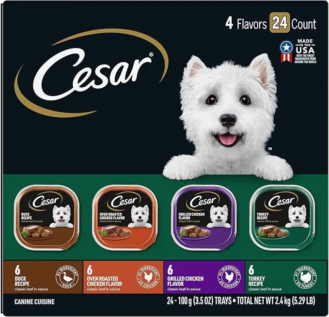 CESAR Adult Wet Dog Food Classic Loaf in Sauce Poultry Variety Pack,. Easy Peel Trays with Real Chicken, Turkey or Duck, 3.5 Ounce (Pack of 24) - PAWPICO