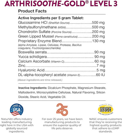NaturVet ArthriSoothe-Gold Level 3, MSM and Glucosamine for Dogs and Cats, Advanced Joint Care Support Supplement with Chondroitin and Omega 3, Clinically Tested, Chewable Tablets, Made in The USA NaturVet