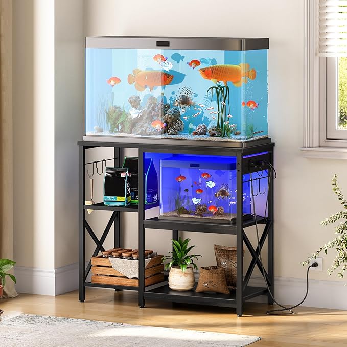 HOOBRO 20-29-37 Gallon Fish Tank Stand with Power Outlets and LED Light, Aquarium Stand with Storage Shelves, 35.4" L x 15.7" W, Reptile Tank Stand with Stable Metal Frame, Black BK80UDFT01 HOOBRO
