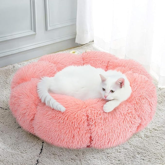 Cat Bed Cute, 23.6" Washable Pink Donut Bed for Indoor Cats and Small Dogs,Soft Cute Flower Fluffy Round Donut Cat Beds,Anti Anxiety Pet Bed,Self-Warming Bed,Blush Pink - PAWPICO