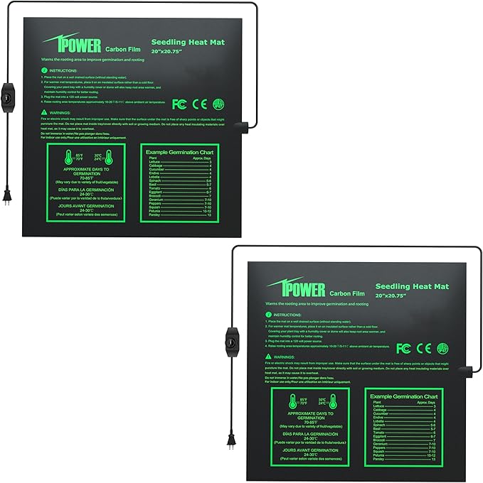 iPower 2 Pack 20" x 20.75" Seeding Heat Mat with Thermostat Temperature Adjustable Knob Durable Warm Hydroponic Plant Germination Starting Pad, Black iPower