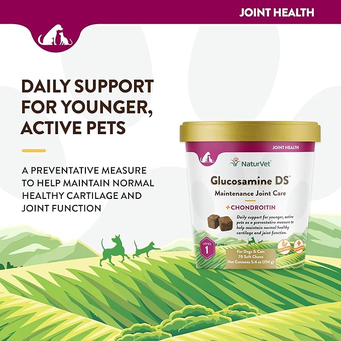 NaturVet Glucosamine DS Level 1 Maintenance, Joint Care Support Supplement for Dogs and Cats, Soft Chews, Made in The USA NaturVet