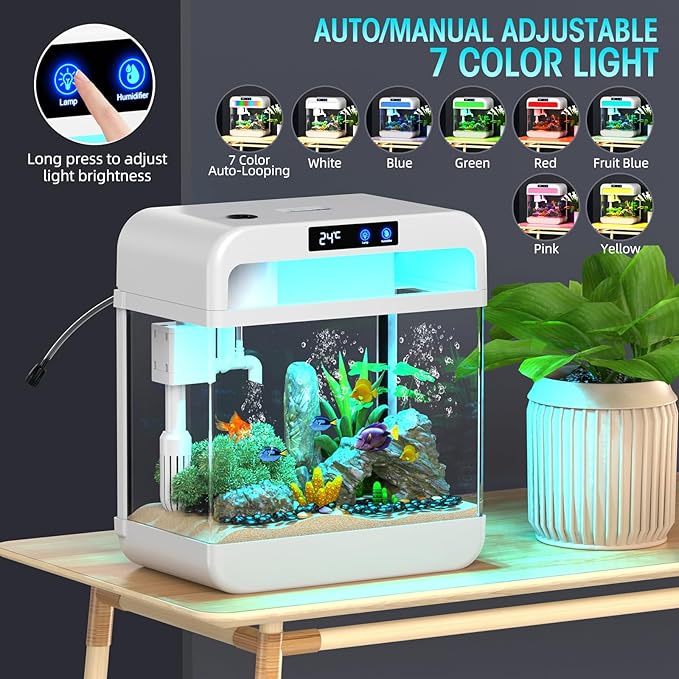 Fish Tank Aquarium 2.2 Gallon Fish Bowl with Humidifier 7 Color Auto-Looping Light 3 in 1 Quiet Pump with Filteration & Oxygenation & Circulation, Temperature Display, HD Float Glass, Thickened Base Focusonhomelifeandhealth