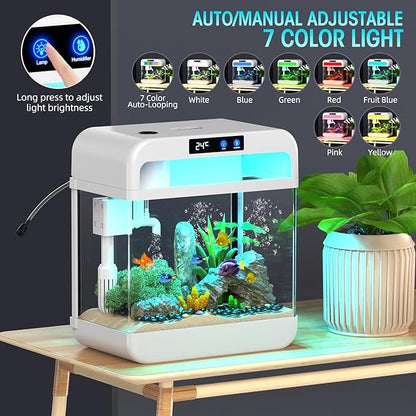 Fish Tank Aquarium 2.2 Gallon Fish Bowl with Humidifier 7 Color Auto-Looping Light 3 in 1 Quiet Pump with Filteration & Oxygenation & Circulation, Temperature Display, HD Float Glass, Thickened Base Focusonhomelifeandhealth