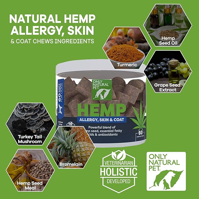 Only Natural Pet Allergy, Skin & Coat Hemp Soft Chews - Allergy Immune Bites for Dogs, Omega 3 Supplement, Hemp Oil - Calming Treats for Itchy Skin Relief, Hot Spot - (60 Count) OnlyNaturalPet