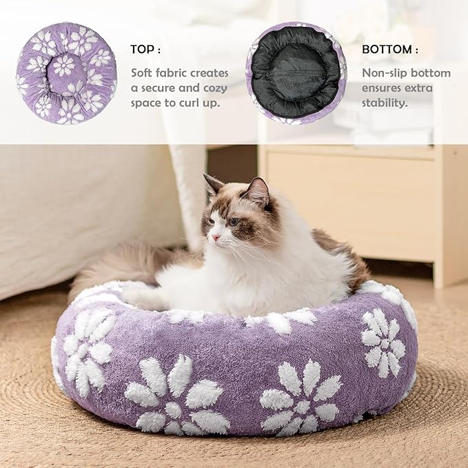 Donut Dog Beds for Small Dogs, Calming Round Cat Beds for Indoor Cats, Cute 3D Textured Flower Pet Bed with Removable Washable Cover and Anti-Slip Bottom（Purple，20"） - PAWPICO