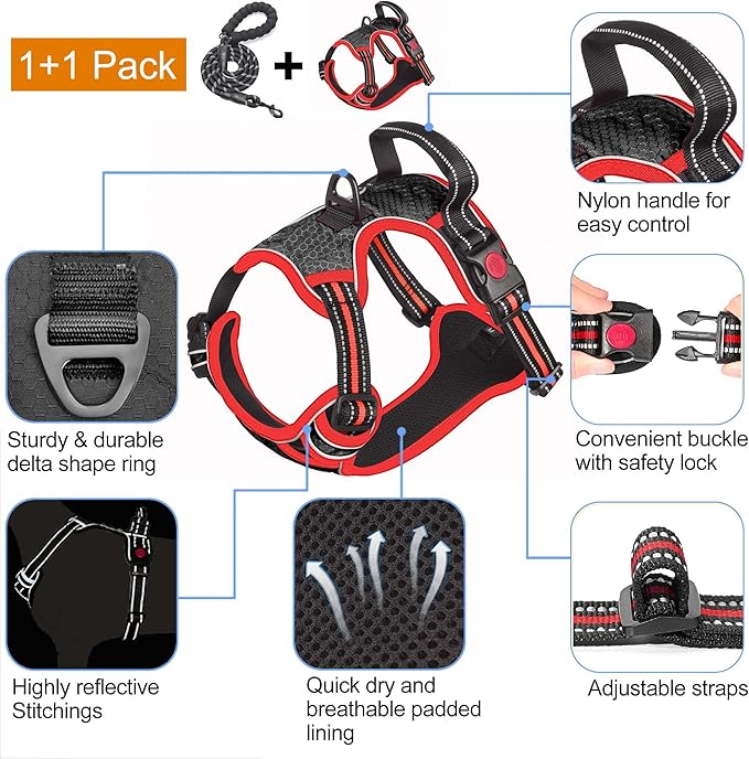 No Pull Harness Adjustable Reflective Oxford Easy Control Medium Large Dogs with A Free Heavy Duty 5ft Leash tobeDRI
