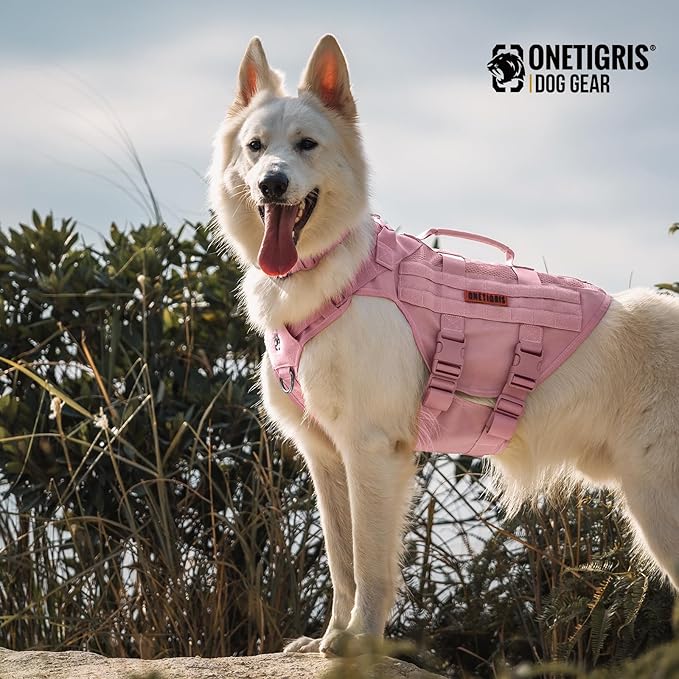 OneTigris Tactical Dog Harness for Small Dog, No Pull Small Dog Vest Harness with Handles Breathable Military Dog Molle Vests, Harness for Walking Hiking Training (Pink, Medium) OneTigris