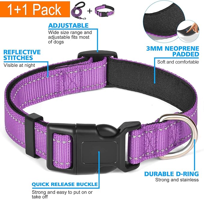 Reflective Dog Collar Padded with Soft Neoprene Breathable Adjustable Nylon Dog Collars for Small Medium Large Dogs (X-Small (Pack of 1), Purple Collar+Leash) ladoogo