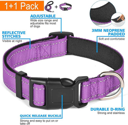 Reflective Dog Collar Padded with Soft Neoprene Breathable Adjustable Nylon Dog Collars for Small Medium Large Dogs (X-Small (Pack of 1), Purple Collar+Leash) ladoogo