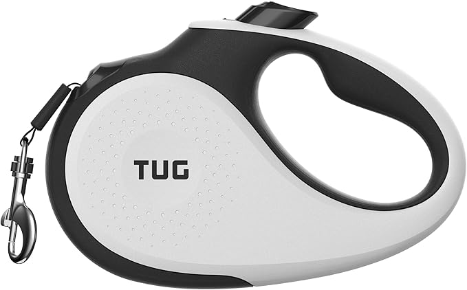 TUG Tiny 360° Tangle-Free Retractable Dog Leash with Anti-Slip Handle | 10 ft Nylon Tape| One-Handed Brake, Pause, Lock (White) TUG