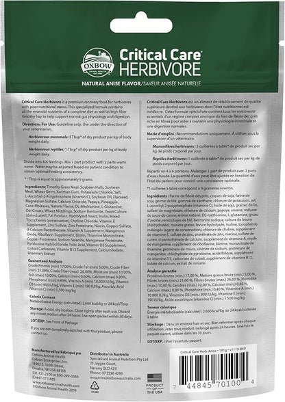 Oxbow Animal Health Critical Care, Herbivore, Anise Flavor, 141 Gram Bag (70100), Multi-colored, 4.97 Ounce (Pack of 1) OxbowAnimalHealth