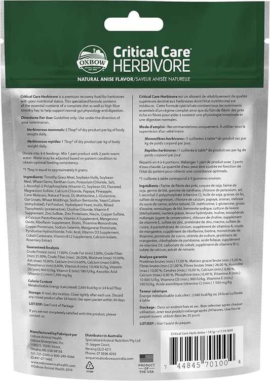 Oxbow Animal Health Critical Care, Herbivore, Anise Flavor, 141 Gram Bag (70100), Multi-colored, 4.97 Ounce (Pack of 1) OxbowAnimalHealth