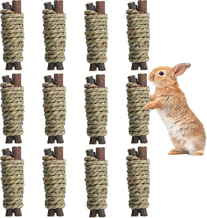Fhiny 12 PCS Guinea Pigs Chew Toys, Natural Apple Branch Seagrass Molar Sticks for Teeth Bunny Chew Toys Cage Accessories for Guinea Pigs Rabbit Bunny Hamster Chinchilla Fhiny