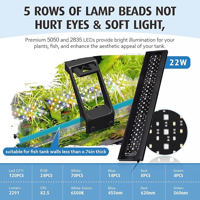 hygger Clip On Full Spectrum Aquarium LED Light, 22W Day-Night Dual Timer Sunrise-Day-Sunset-Moon Fish Tank Light, Adjustable Timer Brightness with 9 Colors for Planted Tank hygger