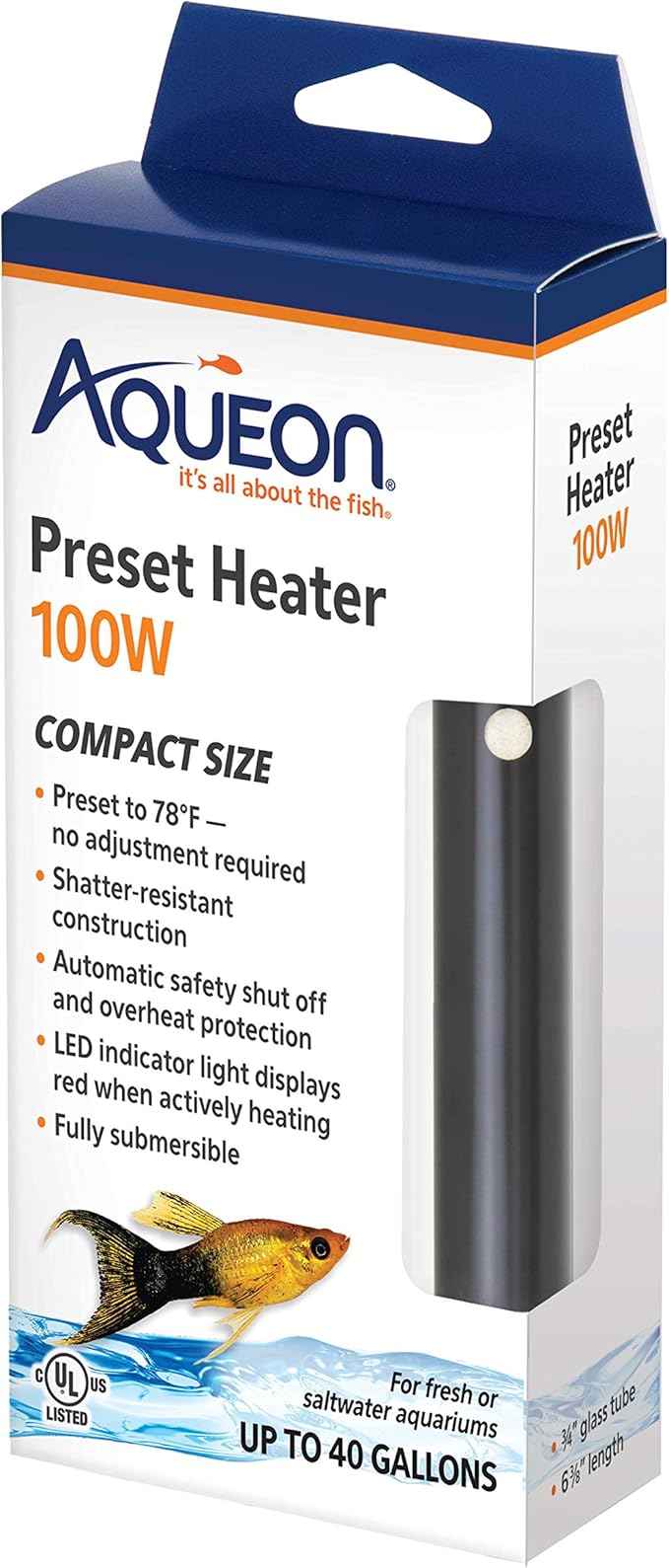Aqueon Aquarium Fish Tank Preset Heater For Up To 40 Gallons, 100 Watts Aqueon