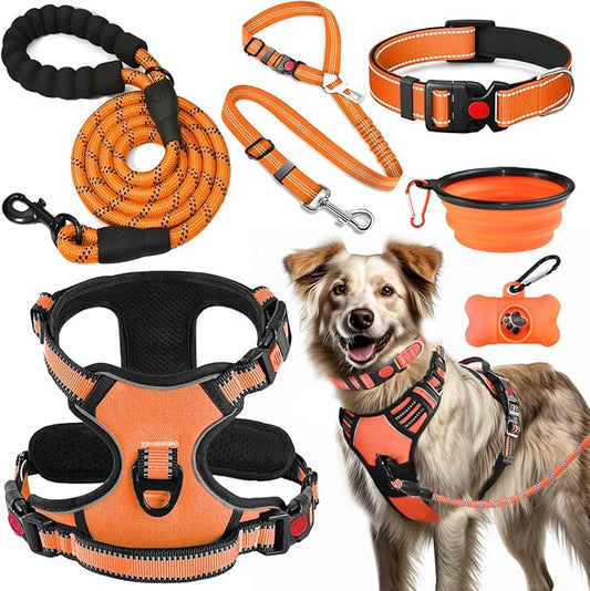 No Pull Dog Harness, Collar & Leash Set | Includes Dog Seat Belt, Collapsible Bowls & Poop Bag Dispenser. Ideal for Training, Walking, Hiking. Fits Small to Large Dogs(Orange-L) Lovebegetslove