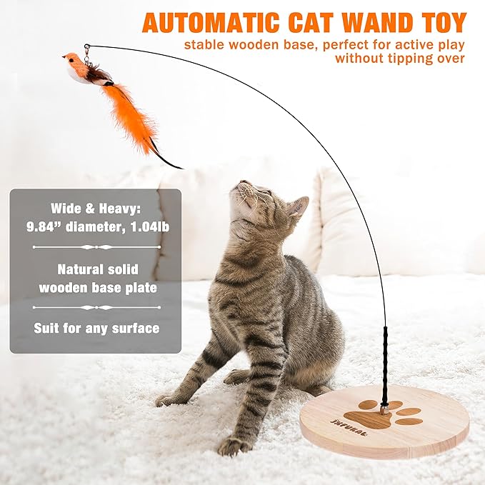 JXFUKAL Interactive cat Toy, Automatic Cat Wand Toy with Stable Wooden Base, 2 PCS Detachable Cat Teaser, 5PCS Refills Replacement & Hanging Cat Toy, Kitty Kitten Toys Cat Feather Spring String Toy - PAWPICO
