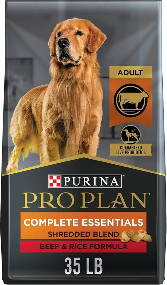Purina Pro Plan Complete Essentials Shredded Blend Beef and Rice Dog Food Dry Formula with Probiotics for Dogs - 35 lb. Bag - PAWPICO