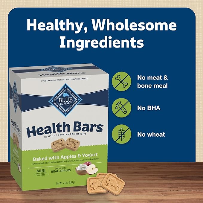 Blue Buffalo Mini Health Bars Crunchy Dog Biscuits, Oven-Baked With Natural Ingredients, Apples & Yogurt, 2-lb Box - PAWPICO