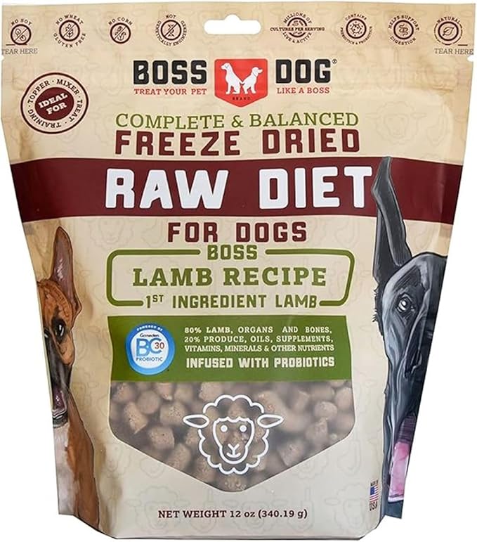 Complete & Balanced Freeze Dried Raw Diet for Dogs, Lamb Recipe, 12 oz Bag BossDogBrand