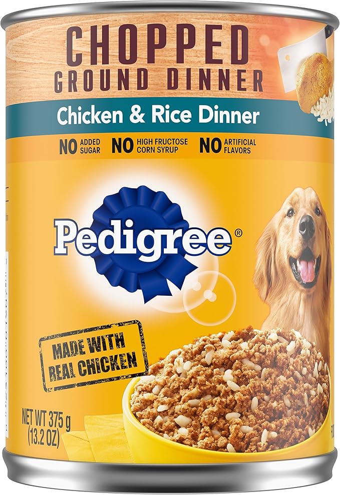 PEDIGREE Adult Canned Wet Dog Food Chopped Ground Dinner Chicken & Rice Flavor, (12) 13.2 oz. Cans - PAWPICO