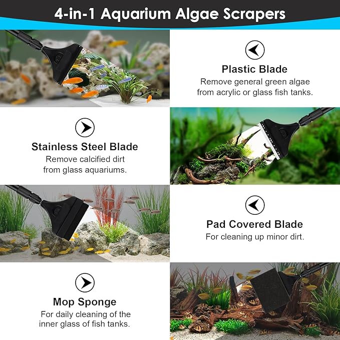 AQQA 4-in-1 Aquarium Cleaning Tools, Multifunctional Aquarium Glass Cleaner Algae Scraper for Glass Aquariums for Aquariums of Various Sizes with Telescopic Handle, 4 Cleaning Heads AQQA