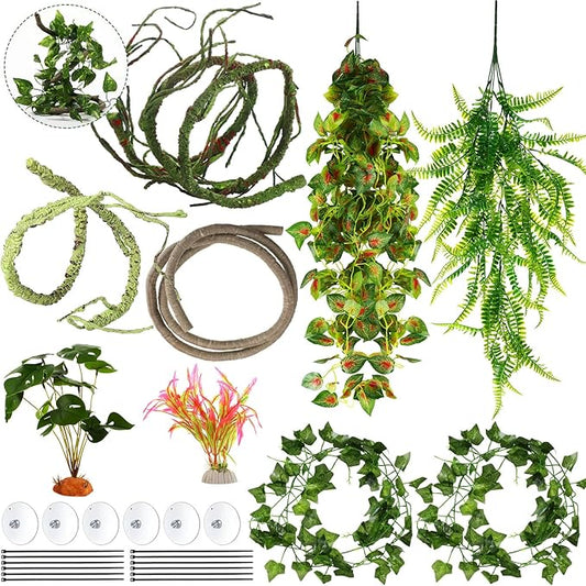 9 Pieces Reptile Jungle Vines Decor Set Include Bendable Flexible Climbing Plastic Plants with Suction Cups Tank Accessories Habitat Decor for Gecko, Snake, Hermit Crab Luinabio