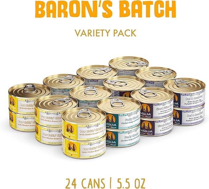 Weruva Classic Dog Food, Variety Pack, Baron's Batch, Wet Dog Food, 5.5oz Cans (Pack of 24) - PAWPICO