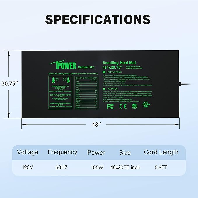 iPower 48” x 20.75” Seeding Heat Mat Upgraded Carbon Film Indoor Warm Hydroponic Plant Germination Starting Pad Durable Waterproof, 48" x 20.75", Black iPower