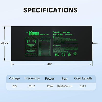 iPower 48” x 20.75” Seeding Heat Mat Upgraded Carbon Film Indoor Warm Hydroponic Plant Germination Starting Pad Durable Waterproof, 48" x 20.75", Black iPower