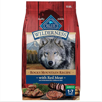Blue Buffalo Wilderness High-Protein Rocky Mountain Recipe Dry Food for Adult Dogs, Red Meat & Grains, 13-lb. Bag - PAWPICO