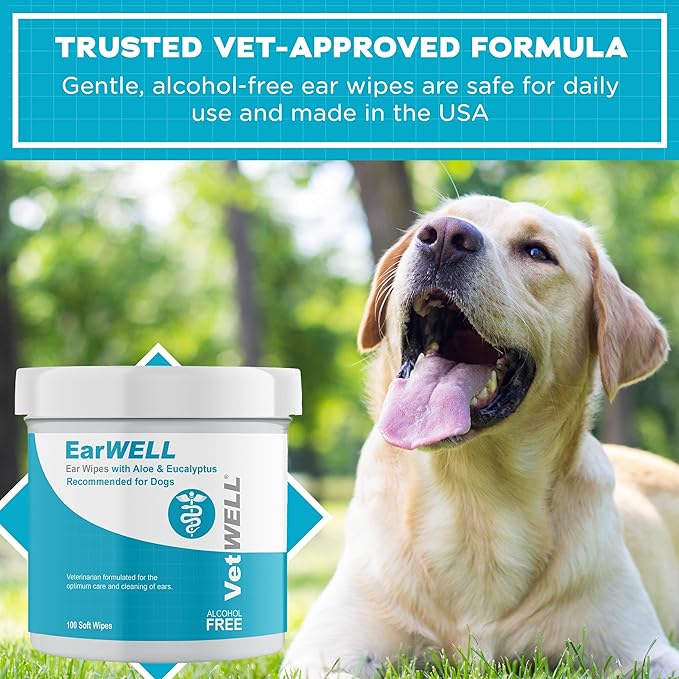 Dog Ear Wipes - Otic Cleaning Wipes for Infections and Controlling Ear Infections and Ear Odor in Pets - EarWELL by VetWELL - 100 Count VetWELL