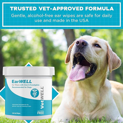 Dog Ear Wipes - Otic Cleaning Wipes for Infections and Controlling Ear Infections and Ear Odor in Pets - EarWELL by VetWELL - 100 Count VetWELL