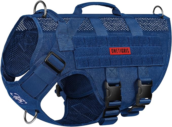 OneTigris No Pull Tactical Dog Harness for Small Medium Dog, Mesh Design Service Dog Vest Breathable Military Dog Molle Vests with Handles, Harness for Walking Hiking Training (Blue, M) OneTigris