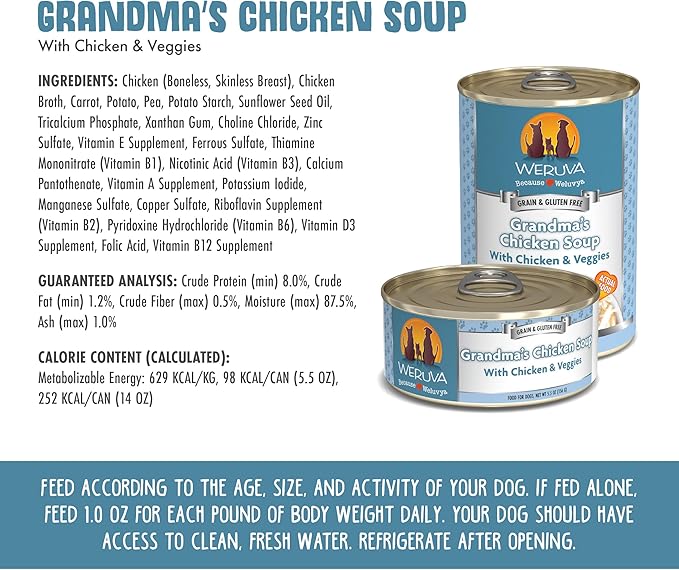 Weruva Classic Dog Food, Grandma's Chicken Soup with Chicken Breast & Veggies, 5.5oz Can (Pack of 24), Blue (4124) - PAWPICO