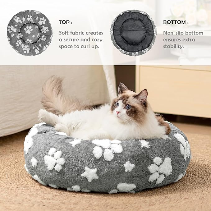 Donut Dog Beds for Small Dogs, Calming Round Cat Beds for Indoor Cats, Cute 3D Textured Paw Pet Bed with Removable Washable Cover and Anti-Slip Bottom（Grey，20"） - PAWPICO