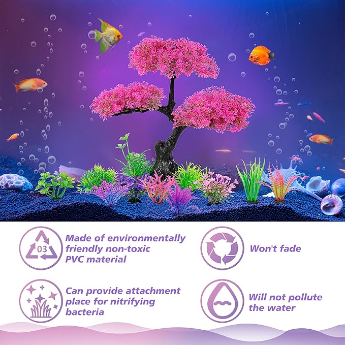 Ameliade Aquarium Artificial Plastic Plants Decoration, Pink Cherry Blossom Tree Aquarium Decor Set, Goldfish Betta Fish Tank Decorations Hides Accessories（Pink Ameliade