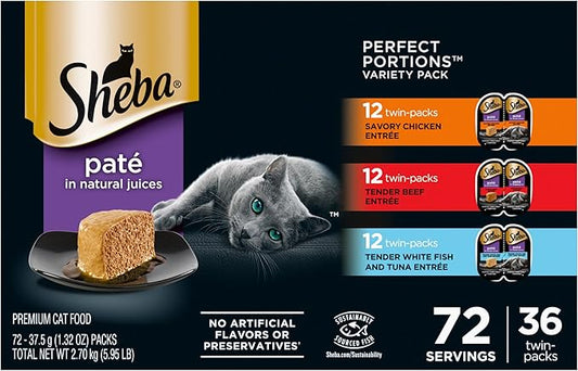 Sheba Perfect Portions Wet Cat Food Pate Savory Chicken Entree, Tender Beef Entree, and Tender White Fish and Tuna Entree, 2.6 oz. Twin-Pack Trays (36 Count, 72 Servings) - PAWPICO