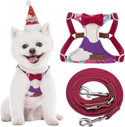 Puppytie No Pull xs Dog Harness with Multifunction Dog Leash,Soft Adjustable No Choke Escape Proof Pet Harness Vest,Suede Bow red,XS Puppytie