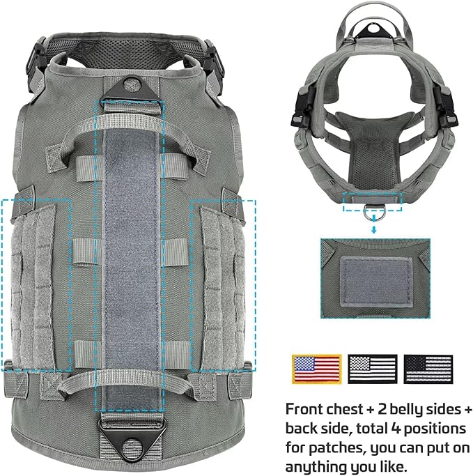 Forestpaw Tactical Dog Harness for Large Dogs,Tactical Dog Collar with Bungee Leash Set,No Pull Military Dog Harness for Dog Walking Training,Adjustable for Medium Large Dogs,Gray M Forestpaw