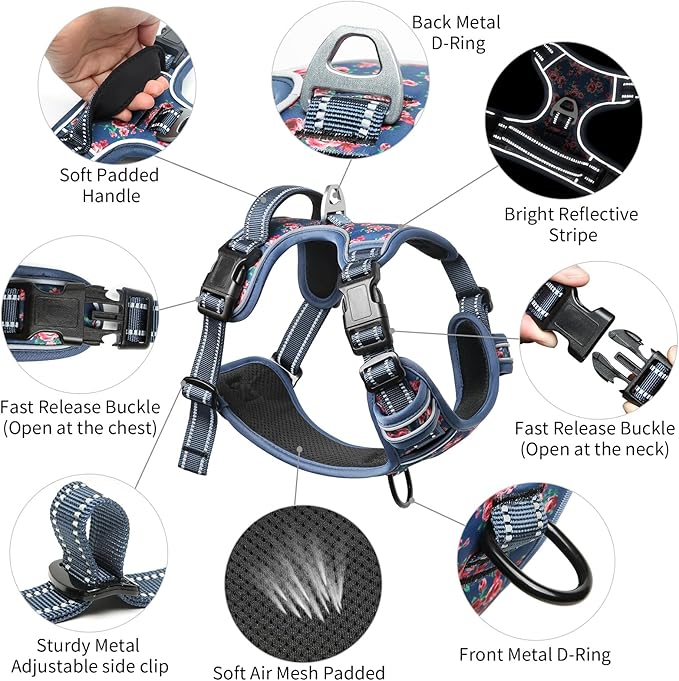 Timos Dog Harness, No Pull Dog Harness 3 Snap Buckles Adjustable Reflective No Choke Pet Vest for Small Dog with Soft Padded Control Training Handle for Outdoor Training,Flower Blue, XS Timos