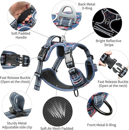Timos Dog Harness for Large Dog, No Pull Service Vest with Reflective Strips and Control Handle,No Choke Dog Harness with 2 Metal Rings for Easy Walking,Outdoor Training,Flower Blue, L Timos
