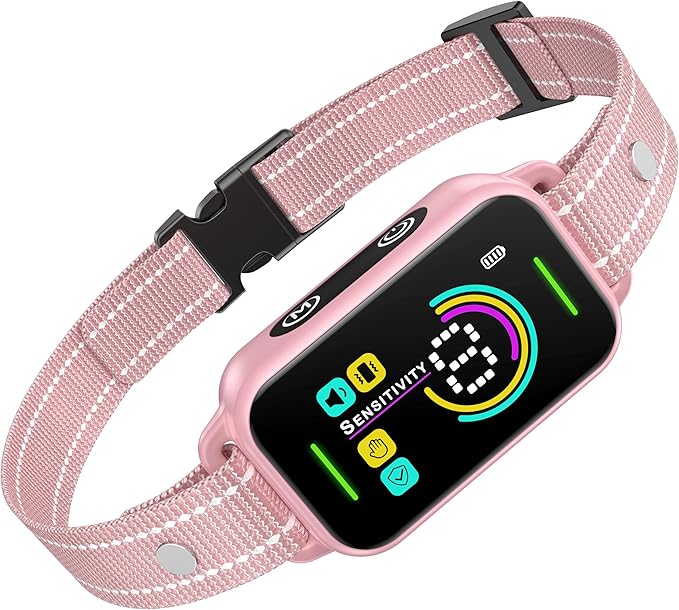 DINJOO Bark Collar, Dog Bark Collar for Large Medium Small Dogs,Smart Bark Collar,Rechargeable Anti Barking Training Collar with 8 Adjustable Sensitivity,Bark Collar with Beep (Pink) DINJOO