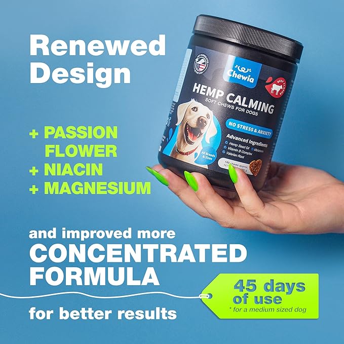 Hemp Calming Chews for Dogs - Dog Calming Treats - Anxiety Relief for Dogs with L-Theanine, Chamomile Extract, Valerian Root - Dog Anxiety Relief for Travel, Vet Visits, Thunderstorms, Nail Trimming CHEWIA